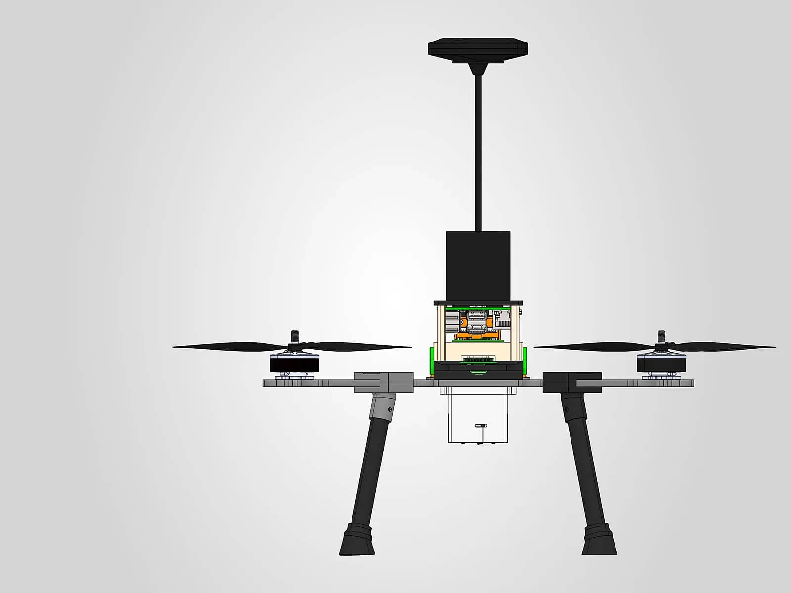 Front-view CAD render of the quadcopter with the mast-mounted antenna