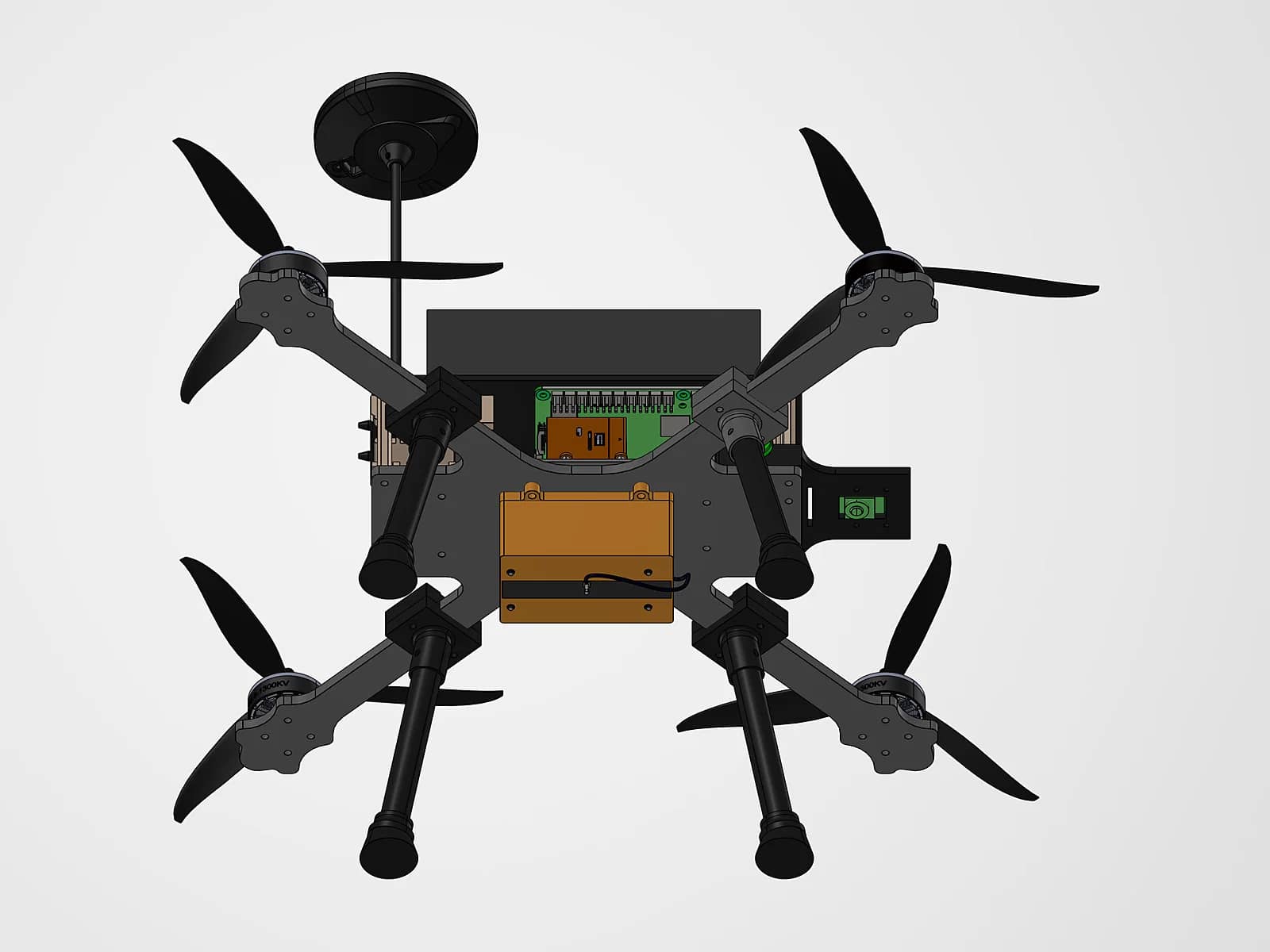 CAD render of the quadcopter seen from below, with the Remote ID module installed under the frame