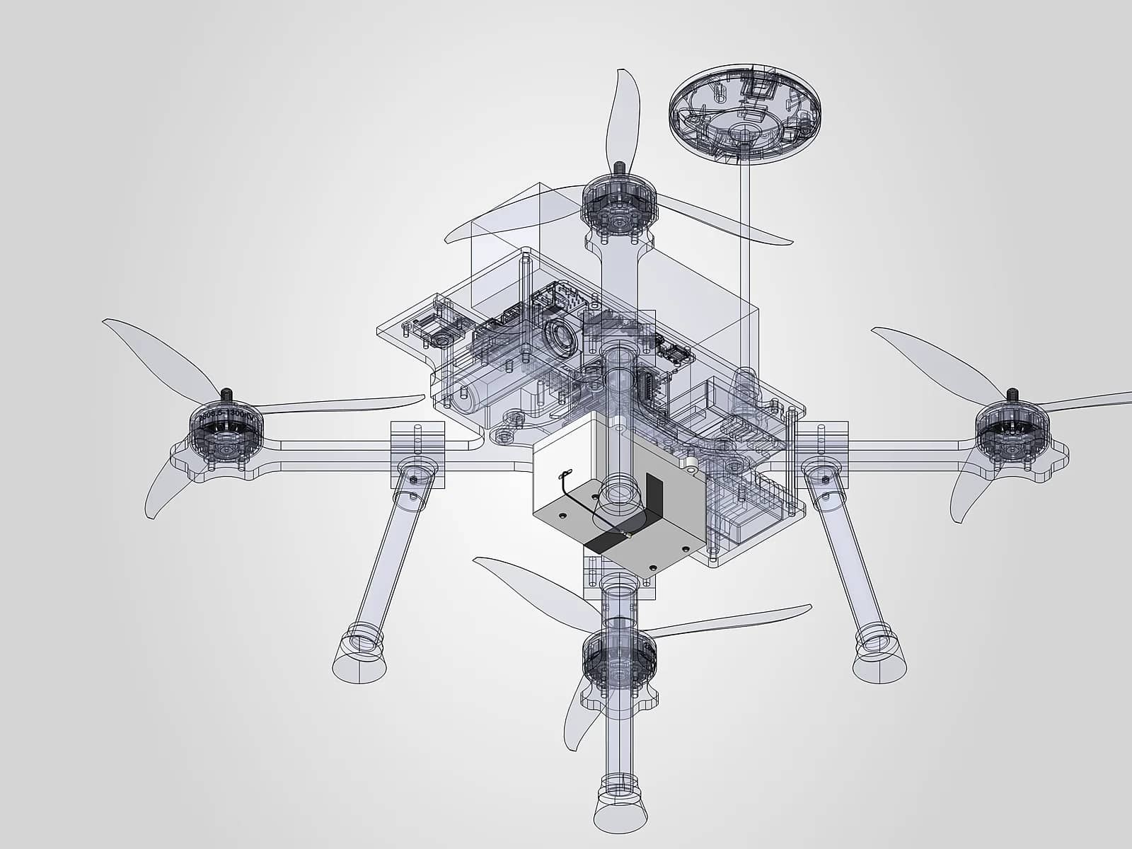 Transparent CAD render of the quadcopter with the Remote ID module shown solid under the frame