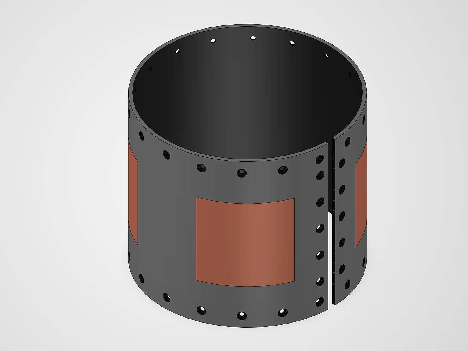 CAD render of a cylindrical antenna sleeve with copper patch elements