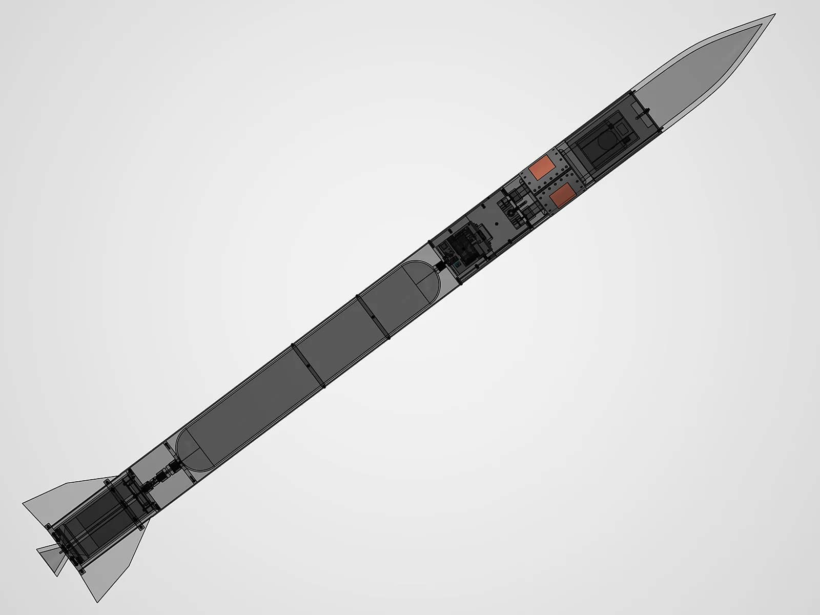 Transparent CAD render of the full sounding rocket showing its internal layout from nose cone to fins