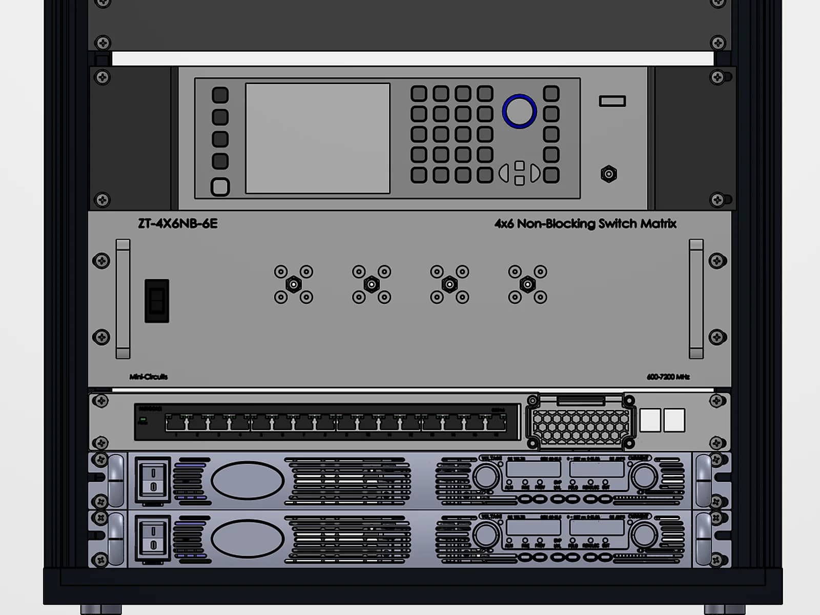 Front CAD render of the lower rack: a bench instrument, a 4×6 switch matrix, a patch panel and two DC power supplies