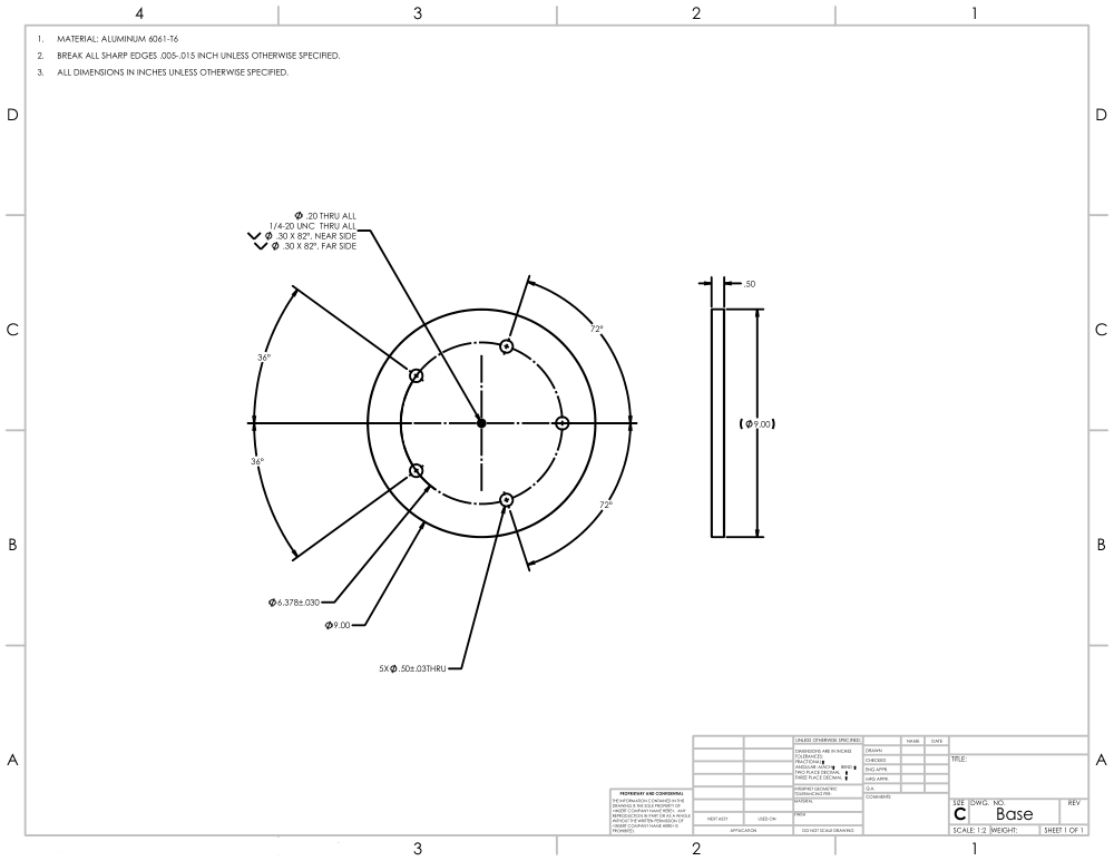 Engineering drawing of the ground plane base: a 9.00 in diameter aluminum 6061-T6 plate, 0.50 in thick, with five 0.50 in through holes on a bolt circle and a 1/4-20 threaded center hole